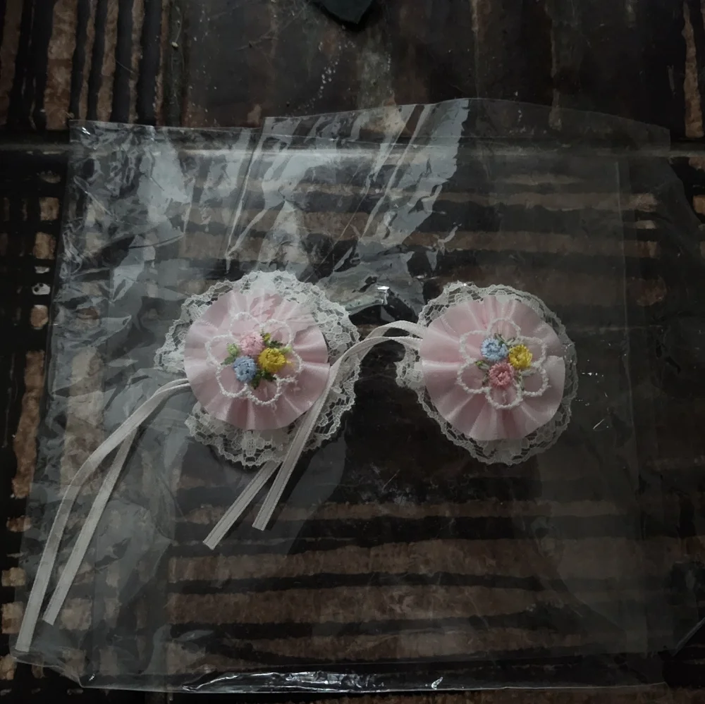 Pink Floral Hair Clips with Lace Trim New Old Stock